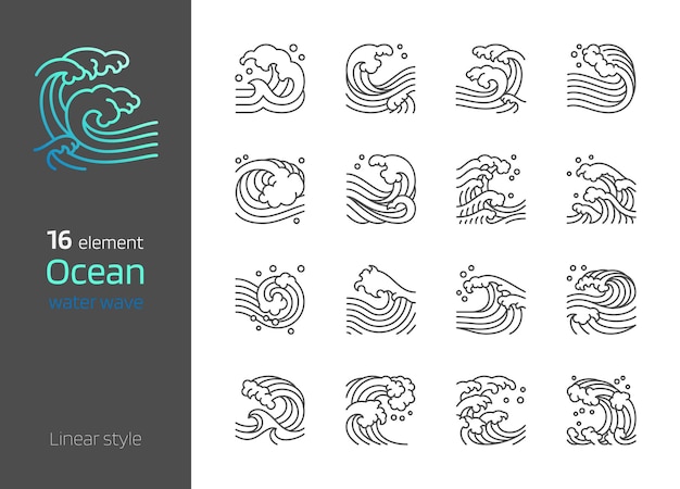 Ocean water wave graphic line art element. sea linear style vector set illustration square position