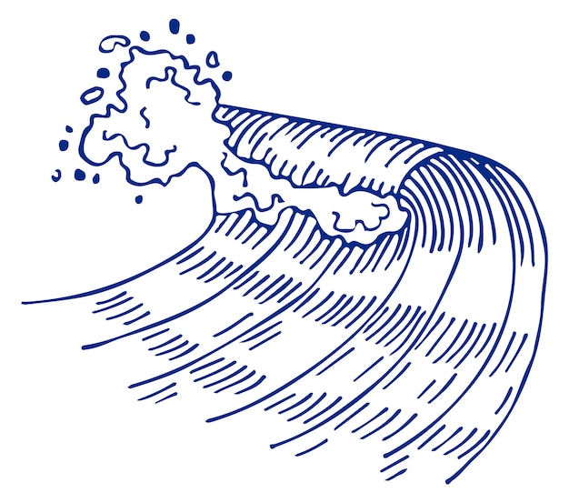 Vector ocean wave ink drawing storm blue splash