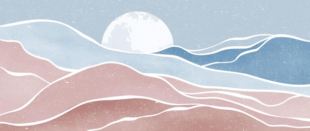 L'onda dell'oceano e la luna illustrazione dipinta a mano moderna e minimalista creativa paesaggi di sfondi estetici contemporanei astratti