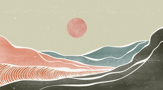 海の波と山クリエイティブなミニマリストモダン手描きイラスト抽象現代