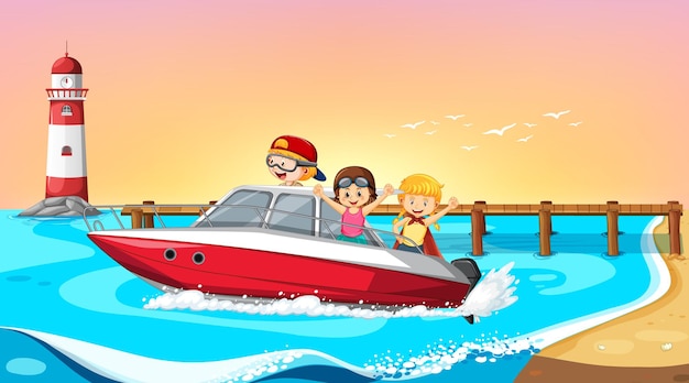 Vector ocean wave scenery with children on a boat