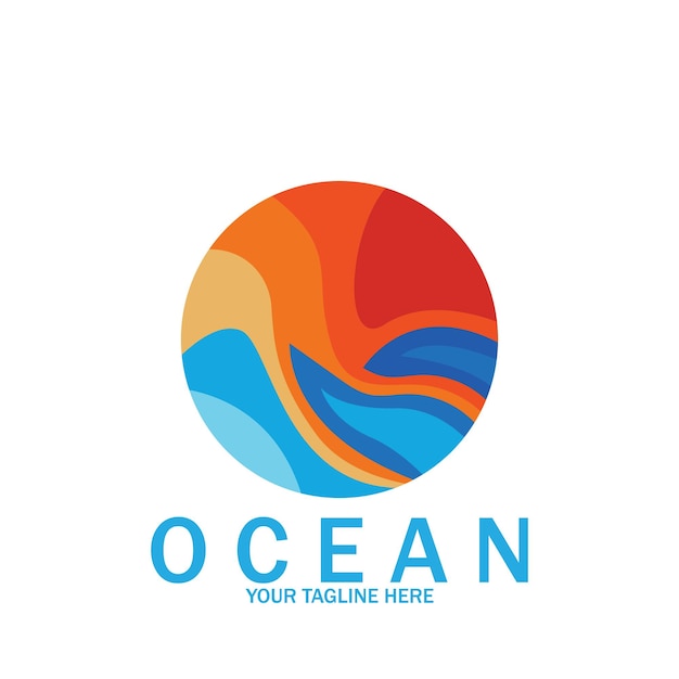 Progettazione del modello dell'illustrazione di vettore dell'icona di logo di vettore del sole dell'onda di oceano