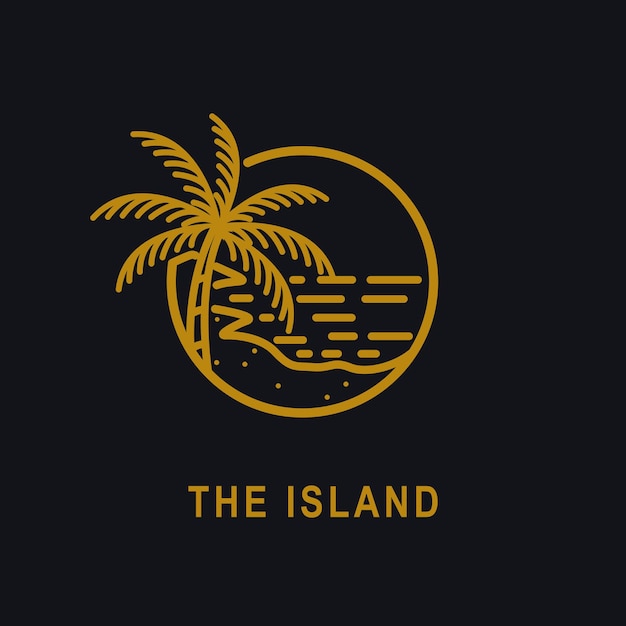 Ocean wave tropical island and palm tree logo line art vector illustration