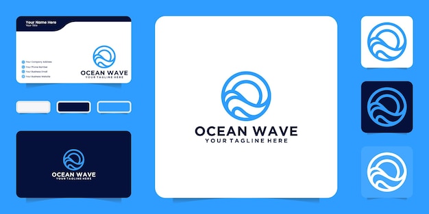Ispirazione per il design del logo delle onde dell'oceano con lo stile della linea artistica e l'ispirazione per i biglietti da visita