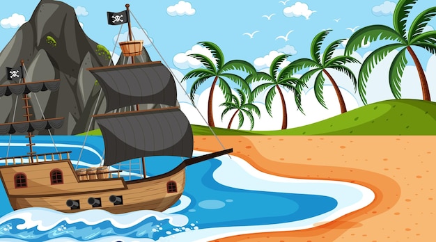 Океан с пиратским кораблем в дневное время в мультяшном стиле