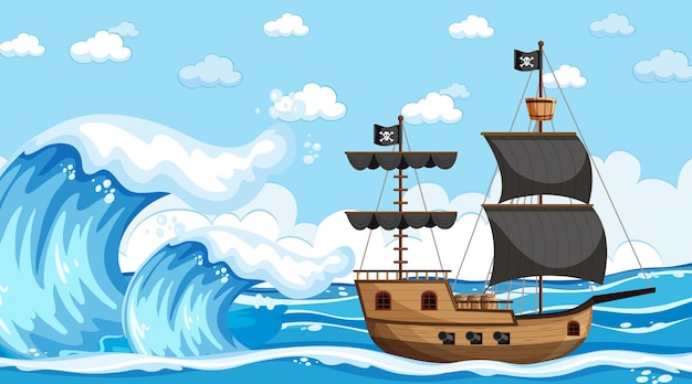 Ocean with pirate ship at day time scene in cartoon style