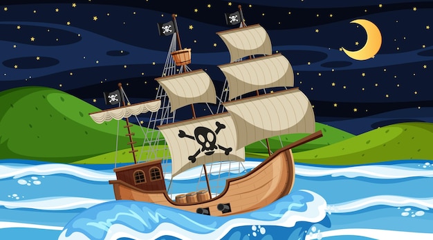 Ocean with Pirate ship at night scene in cartoon style