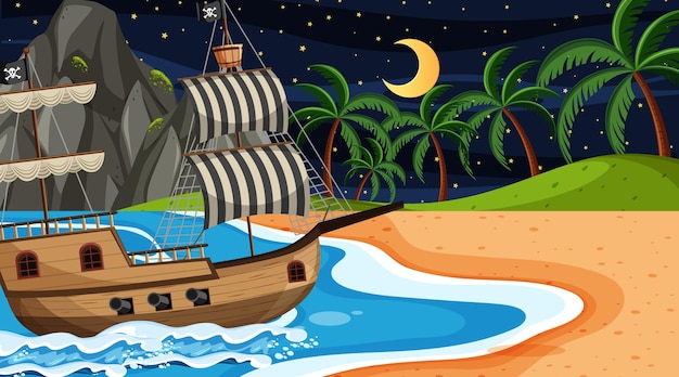 Ocean with Pirate ship at night scene in cartoon style