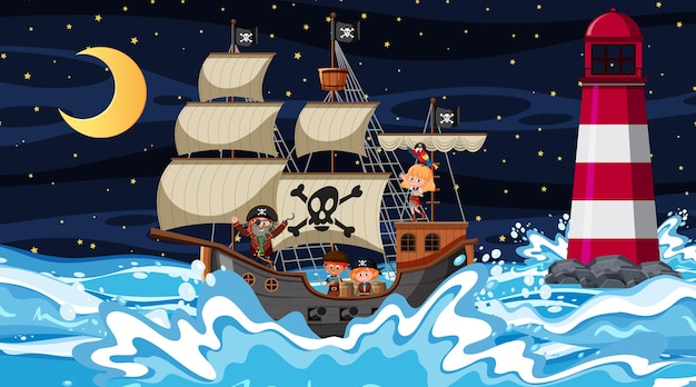 Ocean with Pirate ship at night scene in cartoon style