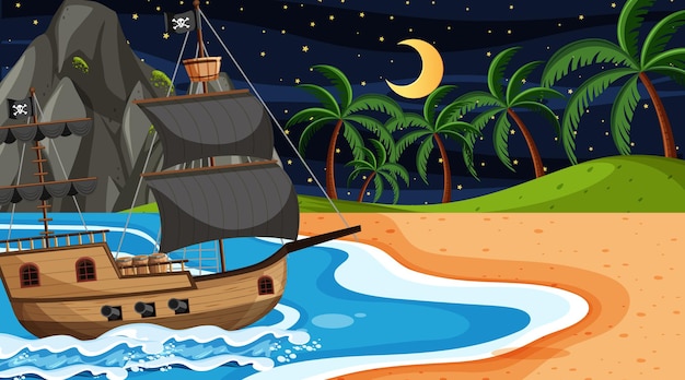 Ocean with pirate ship at night scene in cartoon style