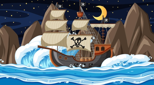 Ocean with pirate ship at night scene in cartoon style