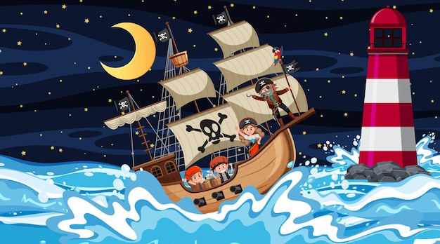 Океан с пиратским кораблем на ночной сцене в мультяшном стиле