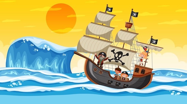 Ocean with Pirate ship at sunset scene in cartoon style