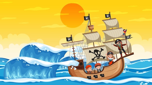 Ocean with Pirate ship at sunset scene in cartoon style