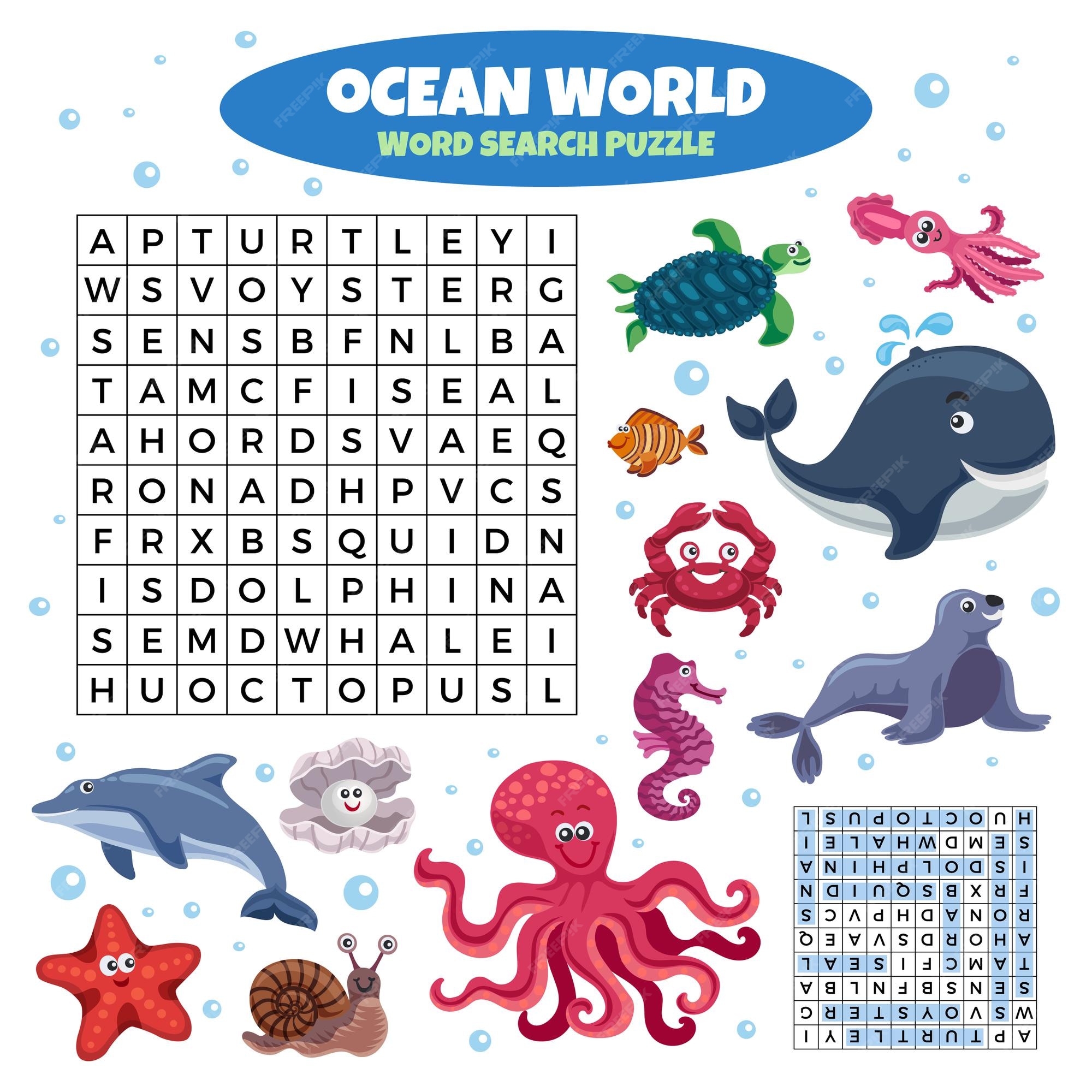 Premium Vector | Ocean world word search puzzle game with funny smiling sea  animals