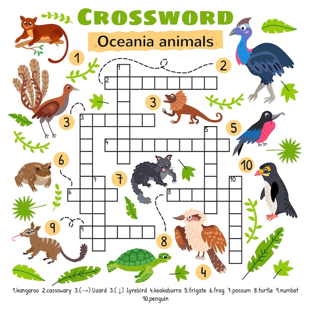 Oceania animals crossword. for preschool kids activity worksheet.