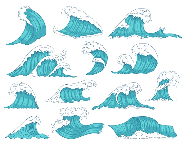 Onde oceaniche. mare disegnato a mano tsunami o onde di tempesta, pozzo di acqua marina, set di icone di illustrazione onde surf spiaggia dell'oceano. tempesta di tsunami, movimento delle onde del mare