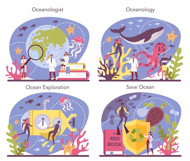 Vector oceanoloog concept set. oceanografie wetenschapper. praktische studie en verkenning van de oceanen en zeeën van de wereld, inclusief hun fysische en chemische structuur. geïsoleerde vectorillustratie