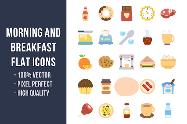Ochtend en ontbijt platte veelkleurige pictogrammen
