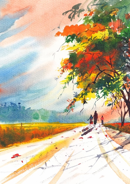 Ochtend natuur aquarel landschap verf
