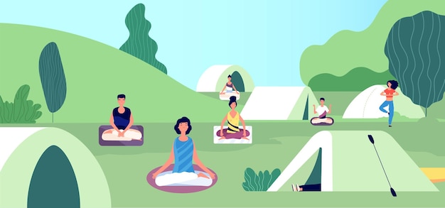 Ochtendmeditatie. zomer yoga camping.