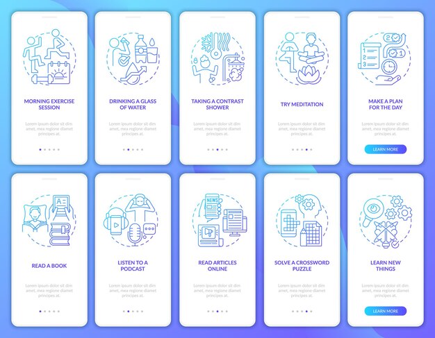 Ochtendroutine blauwe gradiënt onboarding mobiele app-schermset Wellness walkthrough 5 stappen grafische instructiepagina's met lineaire concepten UI UX GUI-sjabloon Myriad ProBold Regelmatige gebruikte lettertypen