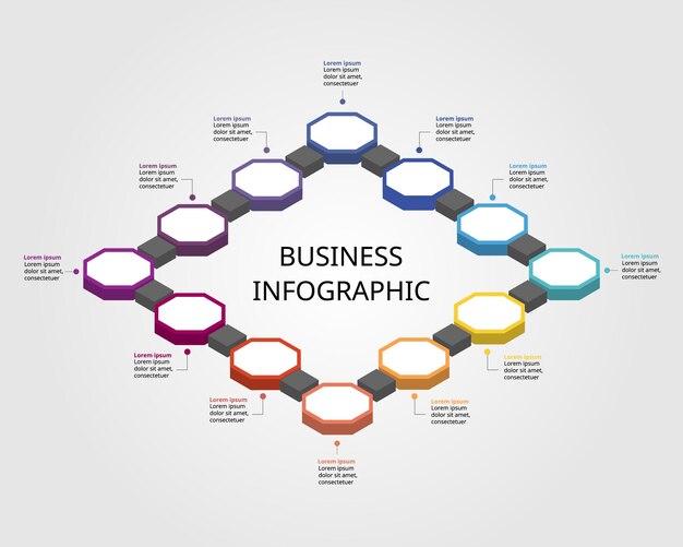 Modello di grafico a gradini ottagonale per l'infografica per la presentazione della linea temporale dei 12 elementi