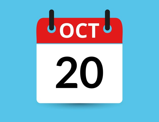 October 20 flat icon calendar isolated on blue background date and month vector illustration