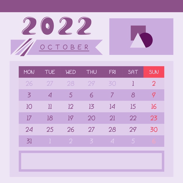 ベクトル 2022年10月のカレンダー、使用されているフォントはabacagaの最新バージョンです