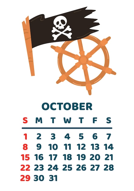 October 2023 calendar page vector cartoon illustration with pirate flag and steering wheel template for print vertical layout white background