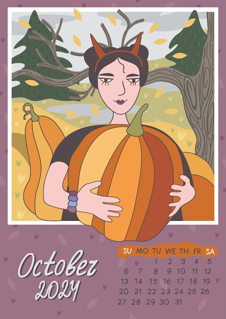 October 2024. calendar a4, a3. week starts on sunday, vector illustration with cute little girl