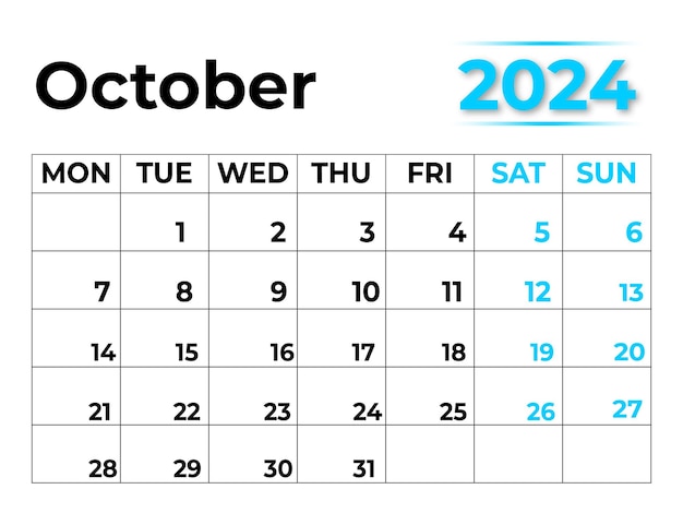 Calendario mensile ottobre 2024 con un aspetto molto pulito, la settimana inizia da lunedì