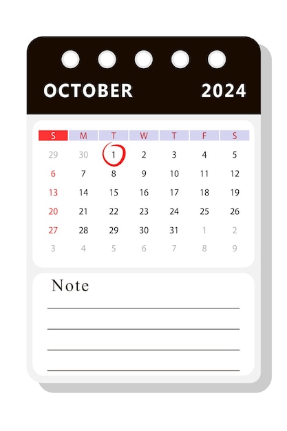 2024 年 10 月のノート カレンダー テンプレート ベクトル デザイン