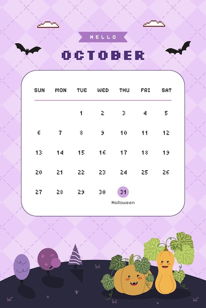October calendar with cute y2k 90s retro Halloween background