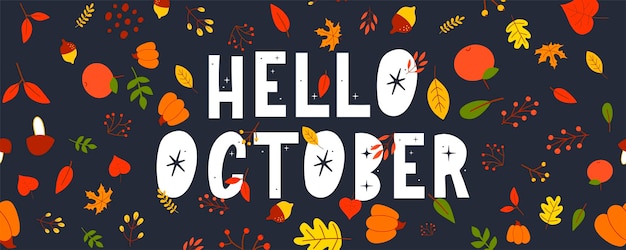 Vector october lettering text sale vector banner with colorful autumn leaves