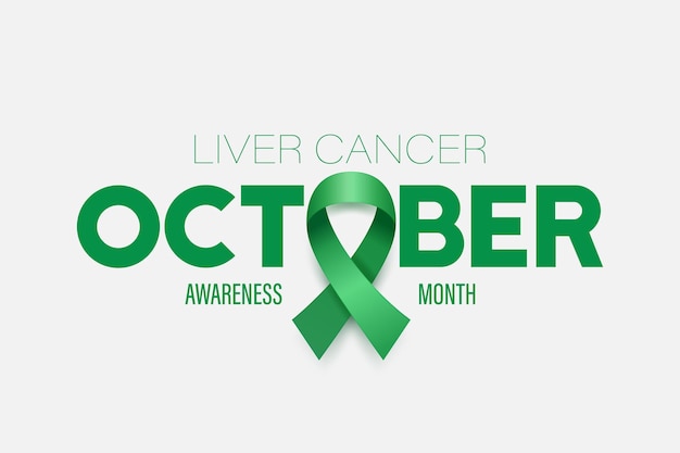 October Liver Cancer Banner Card Placard with Vector 3d Realistic Emerald Green Ribbon on Green B