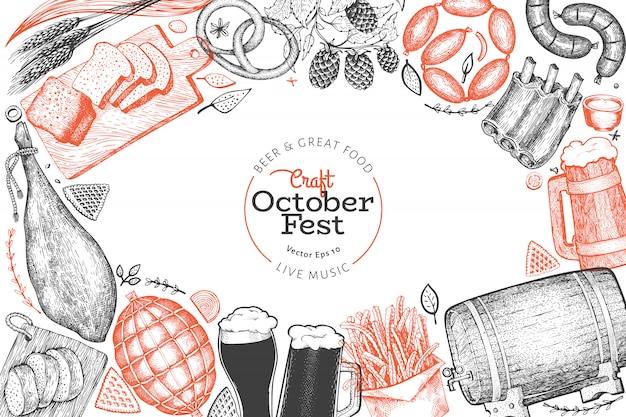 Octoberfest 디자인 템플릿입니다. 벡터 손으로 그린 삽화입니다. 복고 스타일 인사말 맥주 축제 카드입니다.