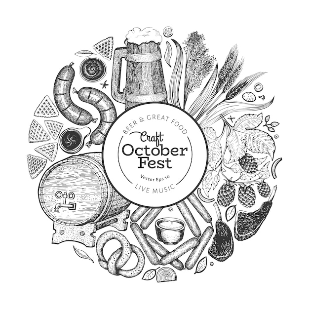 Octoberfest hand getrokken illustraties. groet bier festival ontwerpsjabloon in retro stijl. herfst achtergrond.