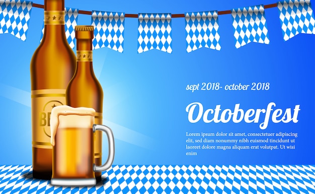 Плакат octoberfest с пивным стеклом и бутылкой