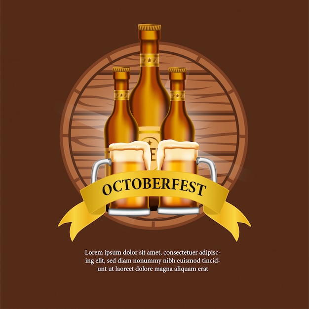 Плакат octoberfest с пивным стеклом и бутылкой