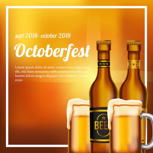 Vettore manifesto di ottobre con bicchiere di birra e bottiglia