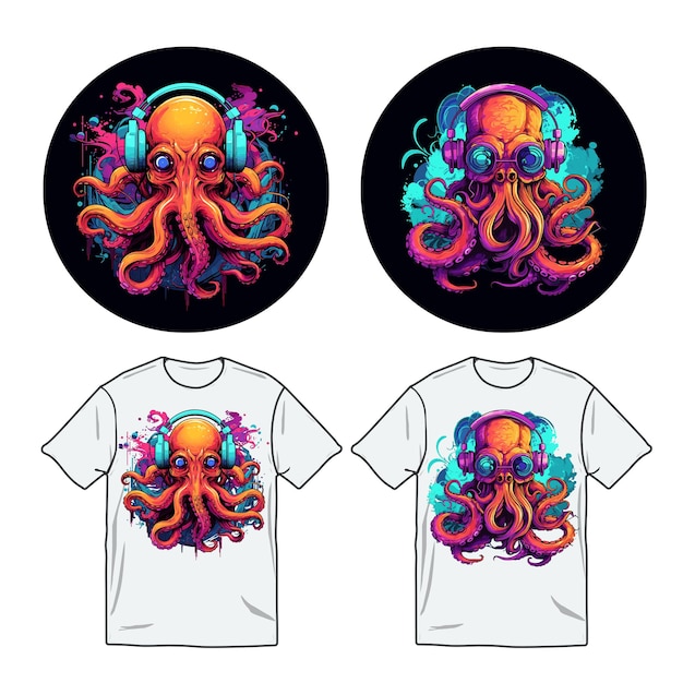 Octopus aquarel neon vector illustratie in t-shirt ontwerp