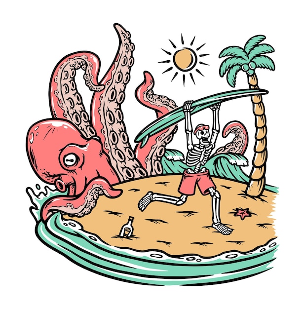 octopus attack skull on beach illustration