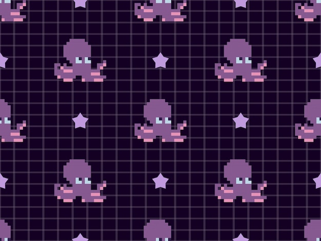 Octopus cartoon character seamless pattern on purple background.  Pixel style