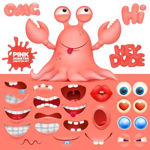 Octopus crab monster cartoon character creation kit. 