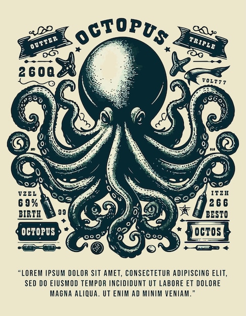 Vector octopus design vintage stijl voor t-shirt