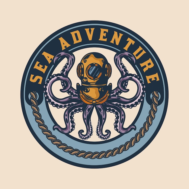 Vector octopus in diving helmet sea adventure badge