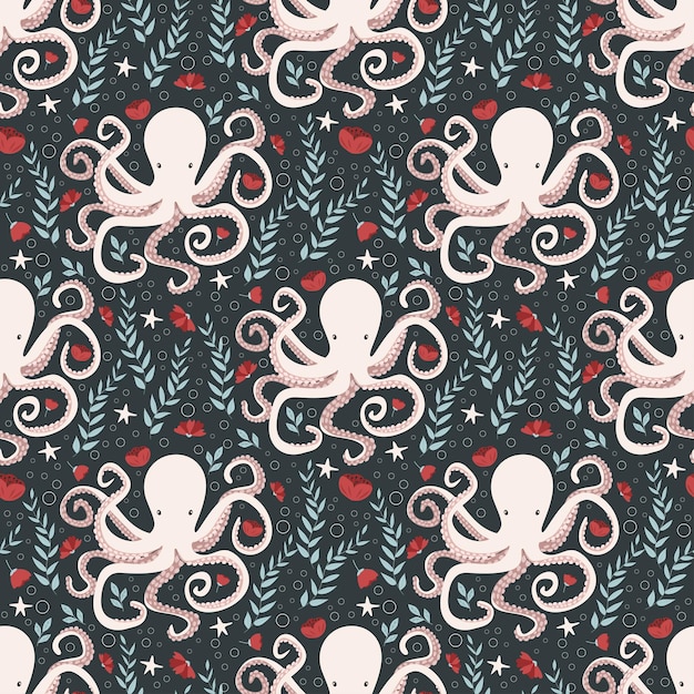 Octopus en bloemen Vector illustratie naadloos patroon