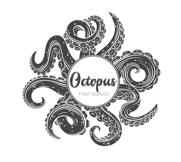 Vector octopus glyph tentacles frame banner with empty space. monochrome limbs of the sea monster kraken. vector illustration of sea octopu