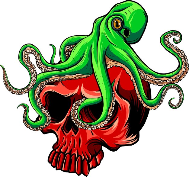 Octopus in human skull color vector illustration